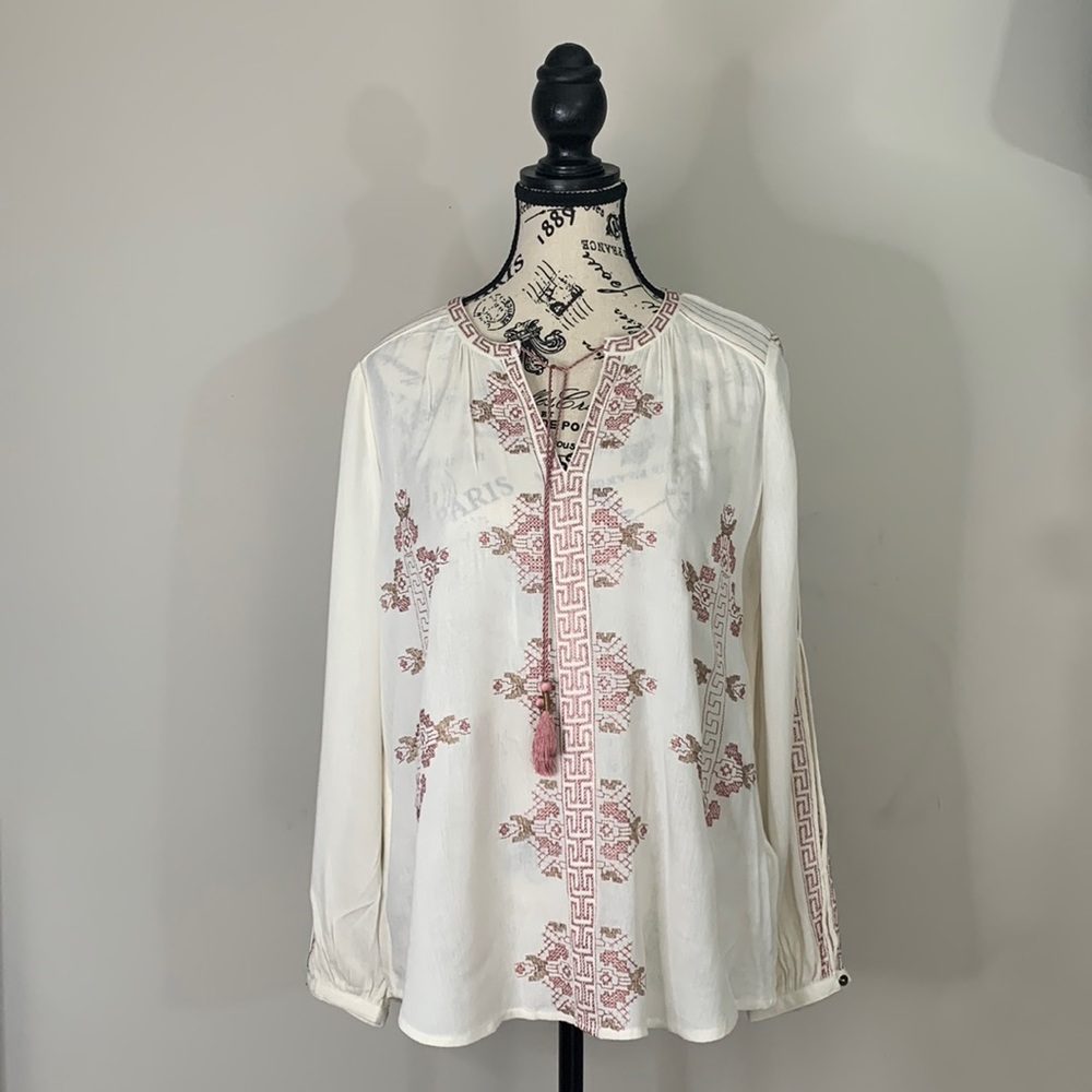 Lucky Brand Ivory Peasant Crinkle Gauze Tassels Embroidery Boho Size:S